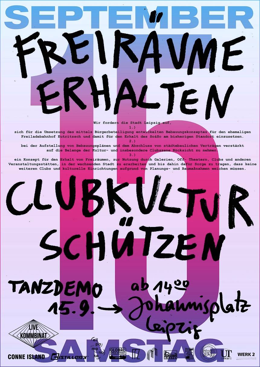 Freiräume erhalten – Clubkultur schützen, Aufruf zur Demo am 15.09.